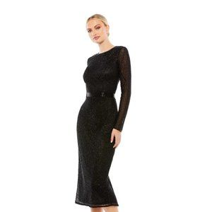 Mac Duggal Lattice Beaded Long Sleeve Black Midi Dress 8